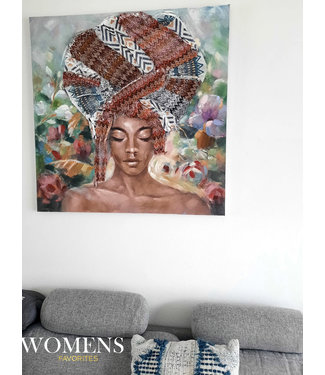 Abstracte Afrikaanse Vrouw Schilderij Canvas - Met Hoofddoek - Met Vlinders en Bloemen  - Kleurrijk - Olieverf - 100x100cm