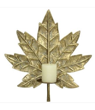 Wandkandelaar Goud Blad  voor Binnen - Prachtig en Stijlvol Muurdecoratie - Perfect Wand Kaarsenhouder - Ideaal voor Muur/Binnen/Buiten - wandkandelaar/Hangkandelaar - Wand Windlicht - Smeedijzer - 32cm