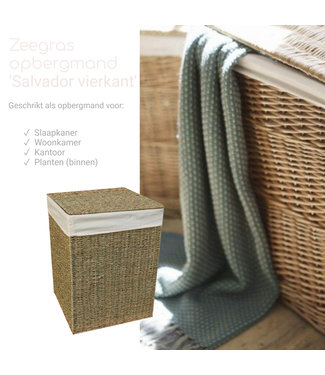 Zeegras wasmand 'Salvador' -  Opbergmand rechthoekig- Met Deksel - Groot- Dekenmand - Wit/Bruin - 36cm x 36cm x 50cm